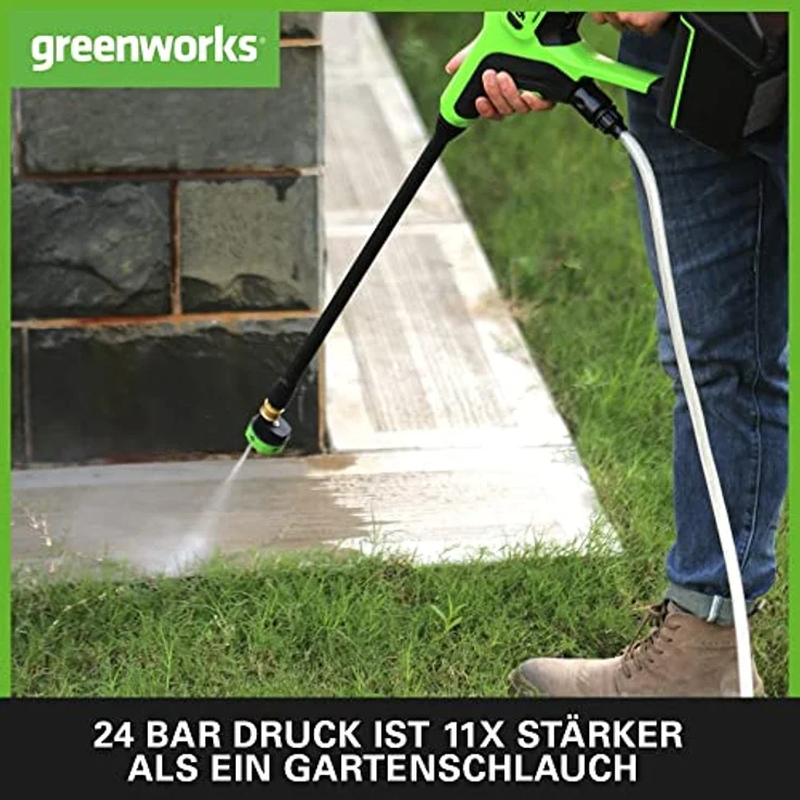 Greenworks Tools Akku-Druckreiniger G24PW (Li-Ion 24V 300 Watt Motorleistung 24 bar Druck 180 l/h Durchflussmenge 5-Fach Düse 6m Schlauch ohne Akku und Ladegerät) Green, Grey, Black – Bild 4