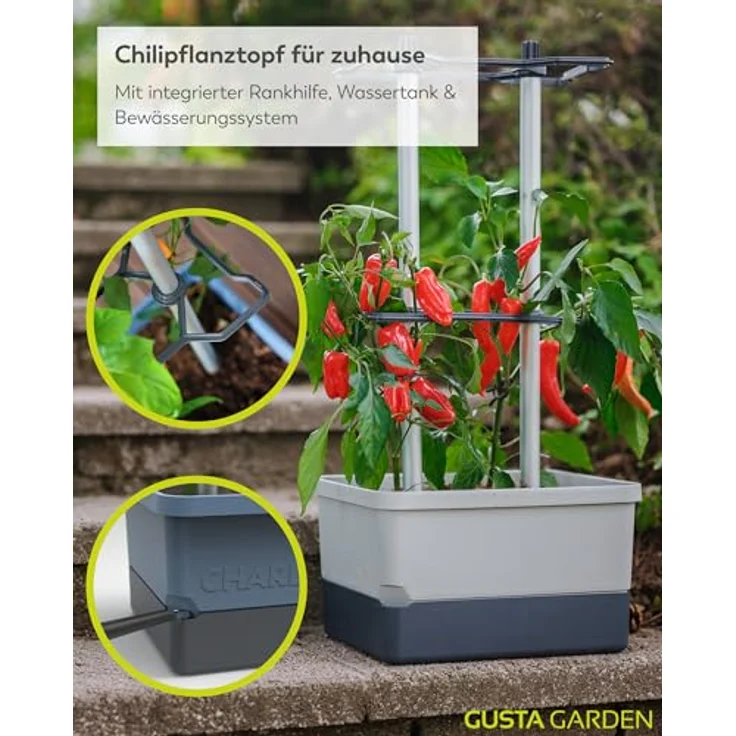 Gusta Garden Pflanzkübel CHARLY CHILI, mit stabiler Rankhilfe und Bewässerungssystem, hellgrau – Bild 2