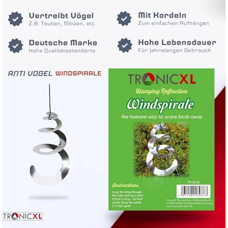 TronicXL 3X Windspirale Vogelabwehr, reflektierend, Vogelschreck für Balkon und Garten, hängend – Bild 2