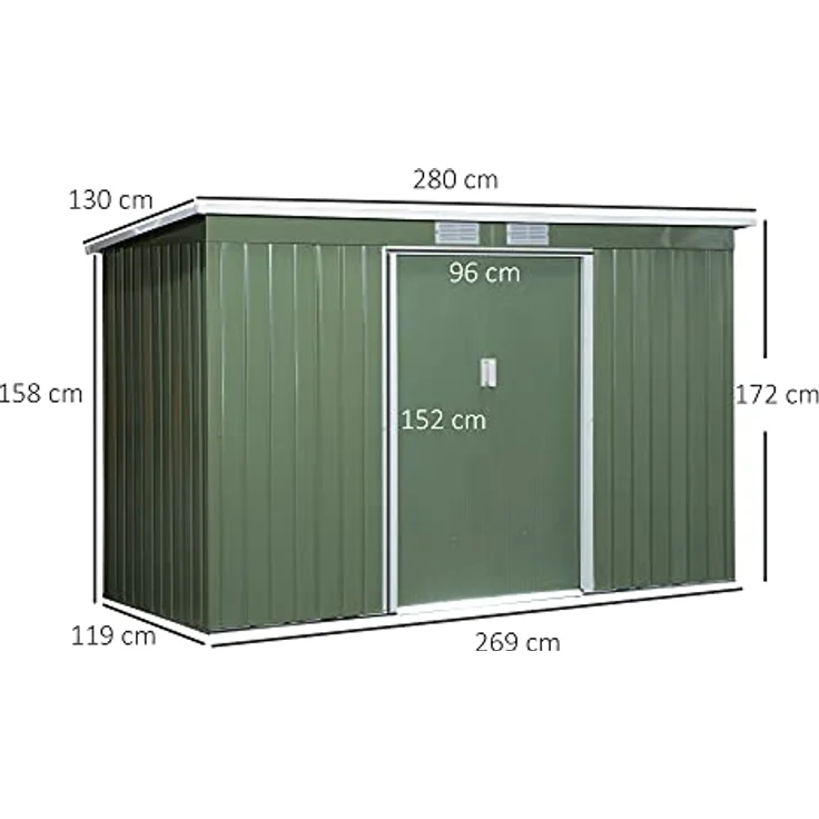 Outsunny Gerätehaus, Gartenhaus, Geräteschuppen mit Schiebetür, Lüftungsfenster, Pultdach, Outdoor, Stahl, Hellgrün, 280 x 130 x 172 cm – Bild 3