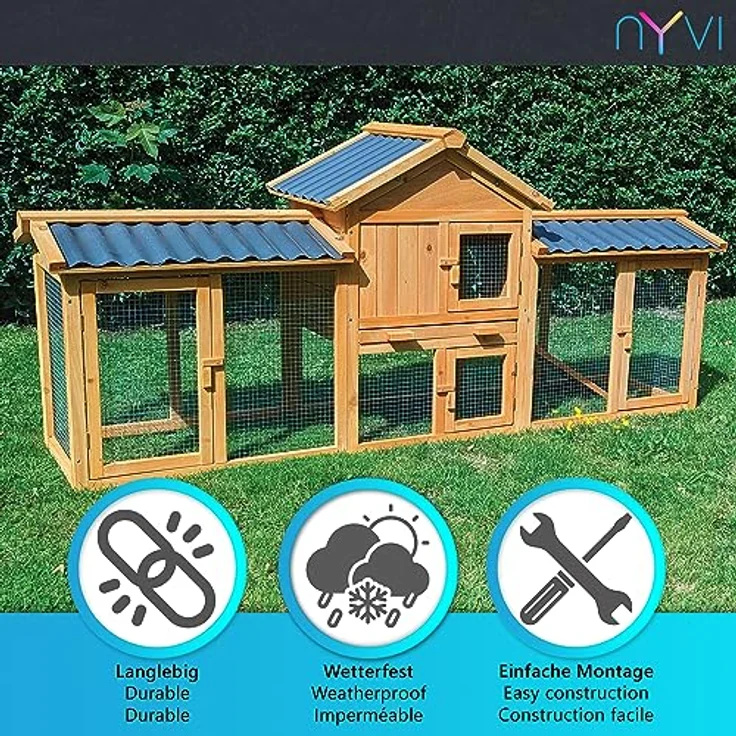 NYVI Hasenstall Picasso mit Auslauf - XXL Kleintierstall mit Gehege - PVC Dach - Winterfest & Wetterfest für Draußen - Einfache Montage, Langlebig - Outdoor Kaninchenstall 203x85x53cm Natur – Bild 2