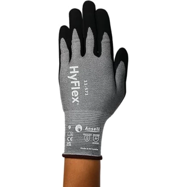 Ansell HyFlex 11-571 Schnittschutz-Handschuhe, Atmungsaktive Nitril-beschichtung, Höchste Weiterreißfestigkeit, Grau, Größe L (12 Paar) – Bild 2