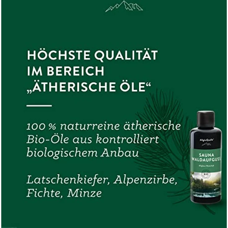 AllgäuQuelle Saunaaufguss, 100% reine Bio Öle mit Alpenzirbe, Fichte, Latschenkiefer und Minze, 100ml – Bild 2