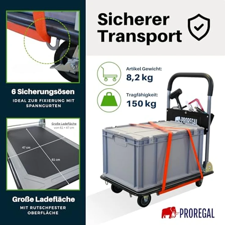 PROREGAL® Transportwagen RHINO, klappbar, 150 kg Traglast, 2x 360° Lenkrollen & 2x Bockrollen mit Feststellbremse, rutschfeste Ladefläche 61x47 cm, inkl. Werkzeugtasche – Bild 3