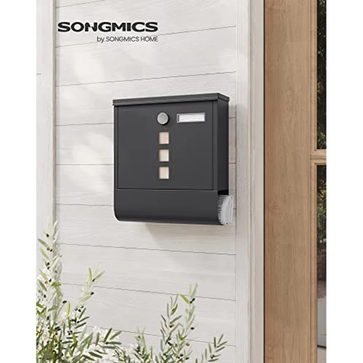 SONGMICS Briefkasten, Wandbriefkasten, mit Schloss mit Drehdeckel, Sichtfenster, Namensschild, Zeitungsfach, einfache Montage, 10 x 30,8 x 33,8 cm, schwarz GMB020B02 - Preisvergleich – Bild 2