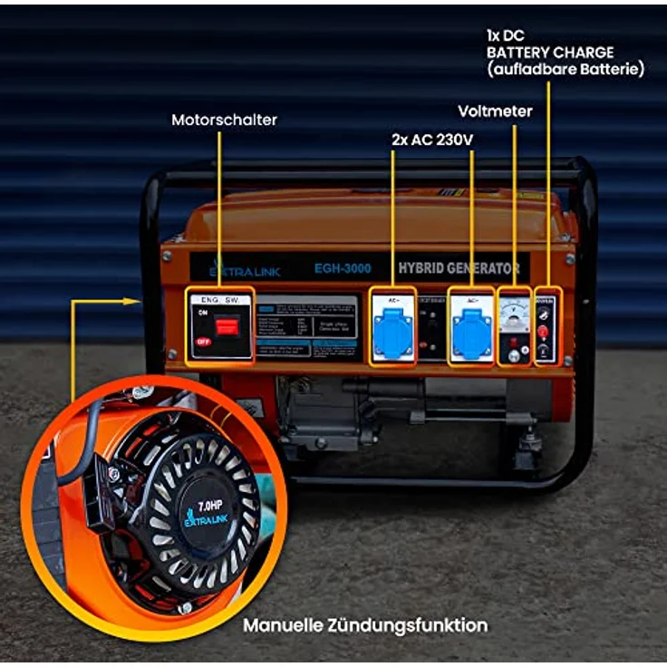 Extralink EGH-3000 Stromgenerator Hybrid Gas LPG CNG Benzin 3kW 1F Generator 3000W Tankvolumen 15L Easy-Start 2x AC 230V Camping, Schwarz – Bild 5