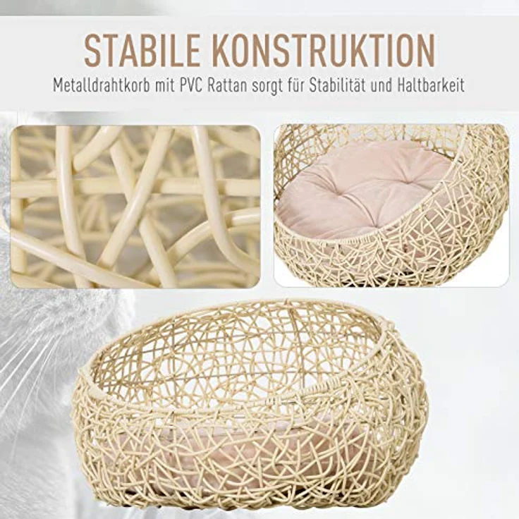 PawHut Katzenbett aus Rattan Katzenhöhle mit Kissen Katzenkorb Hundebett Katzenschlafplatz Hundehütte Tierbett für Katzen Hunde Beige Ø56 x 35 cm – Bild 5