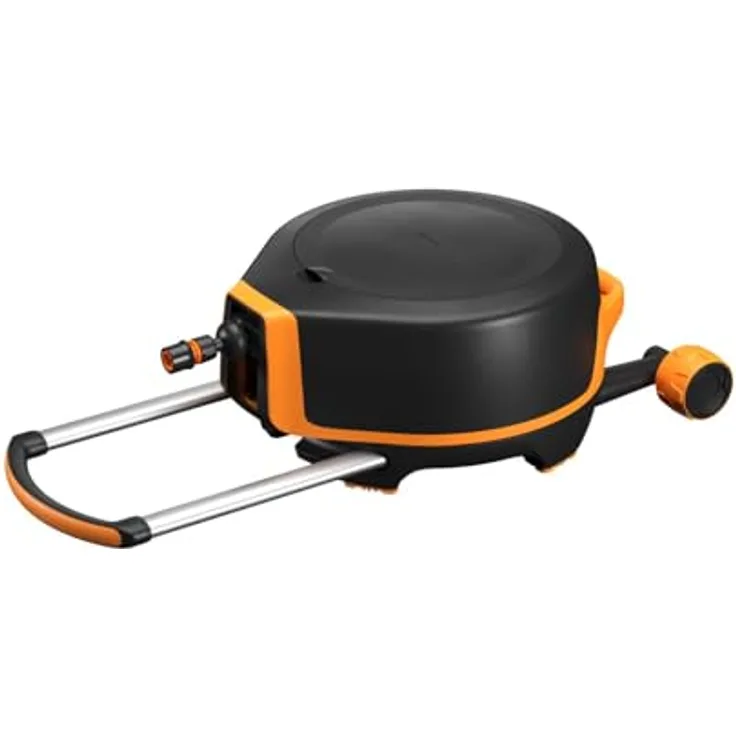 Fiskars Waterwheel XL, All-Inclusive-Bewässerungs-Set mit 27 m Reichweite, automatischem Aufrollen, Gartenschlauch Ø 13 mm, schwarz/orange
