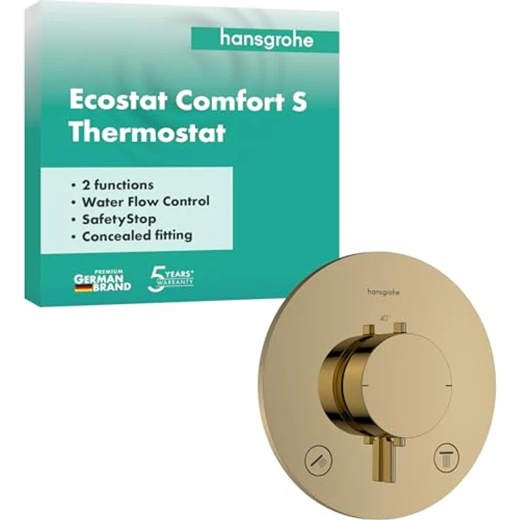 hansgrohe Ecostat Comfort S Duschthermostat Unterputz, Duscharmatur mit SafetyStop bei 40° C, Thermostat für 2 Verbraucher, Polished Gold Optic, 33715990 – Bild 1