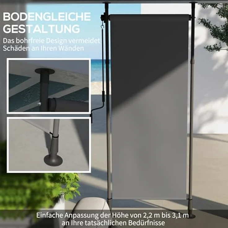 Outsunny Senkrechtmarkise mit Sonnenschutz, Balkonrollo 120 x 220-310cm Balkonsichtschutz mit Kurbel, Wetterfest Sichtschutz für Garten, Polyester, Dunkelgrau – Bild 3
