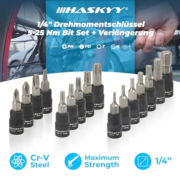 HASKYY Drehmomentschlüssel 1/4" 5-25Nm Set Bits PH1-2-3, FD4, H2-2.5-3-4-5-6-8, T20-25-27-30-4 &100mm Verlängerung Fahrrad Motor Motorrad Quad, präzise in 0,25er Schritten einstellbar – Bild 4