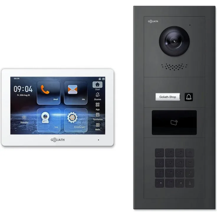 Goliath Intercom Video-Türsprechanlage, IP Türsprechanlage mit 10-Zoll Touchscreen, Kamera, Zahlencode, RFID, Weiß-Anthrazit, Unterputz
