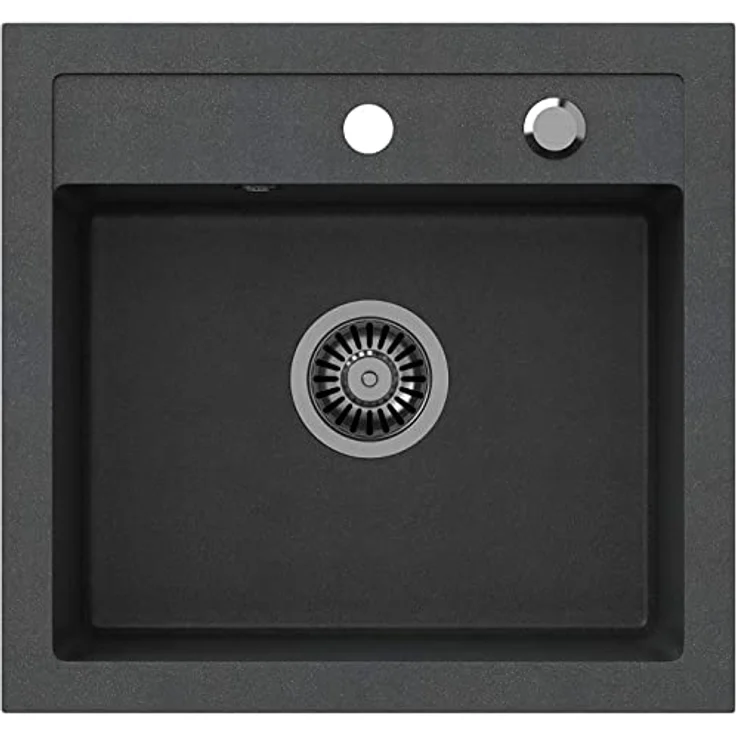 VBChome Spülbecken mit Armatur 50 x 47 cm Schwarz Granit Einzelbecken Küche Einbauspüle Verbundspüle Küchenspüle gesprenkelt Siphon Armatur – Bild 2