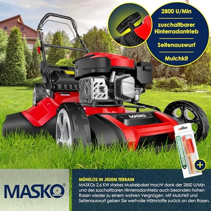 MASKO Benzin Rasenmäher 5in1 Radantrieb EasyClean Reinigungsfunktion Mulchfunktion Seitenauswurf hohe Schnittbreite 8-fache Schnitthöhenverstellung, 4 Takt Motor, inkl. Fangkorb Rot - Schwarz, Schnittbreite 51cm - Preisvergleich – Bild 4