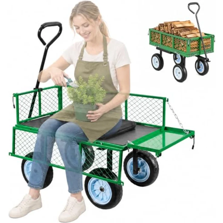 VEVOR Bollerwagen, 226,8 kg Tragkraft, Gartenwagen mit Sitz, PU-Rädern, abnehmbarem Tablett und verstellbarem Griff für Garten und Terrasse – Bild 1