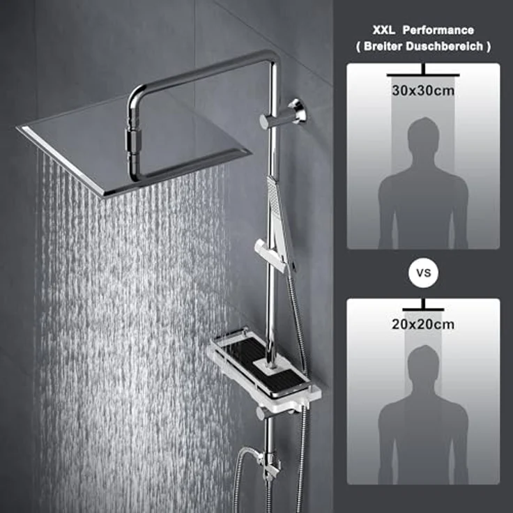 Görbach Edelstahl Duschset, Regendusche 30x30 cm, Duschsystem ohne Armatur, verstellbare Duschstange und Duschablage Chrom – Bild 2