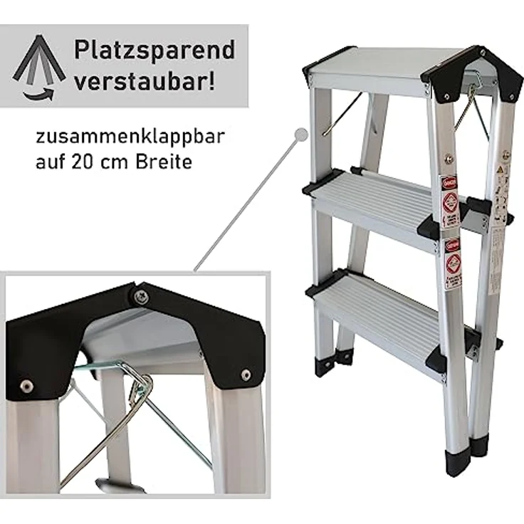 Alu Trittleiter zusammenklappbar | 3 Stufen | 61 cm Höhe | Leichter Klapptritt, Tritthocker | klein und kompakt | mit rutschfesten Füßen | belastbar bis 150 kg | Haushaltsleiter – Bild 2