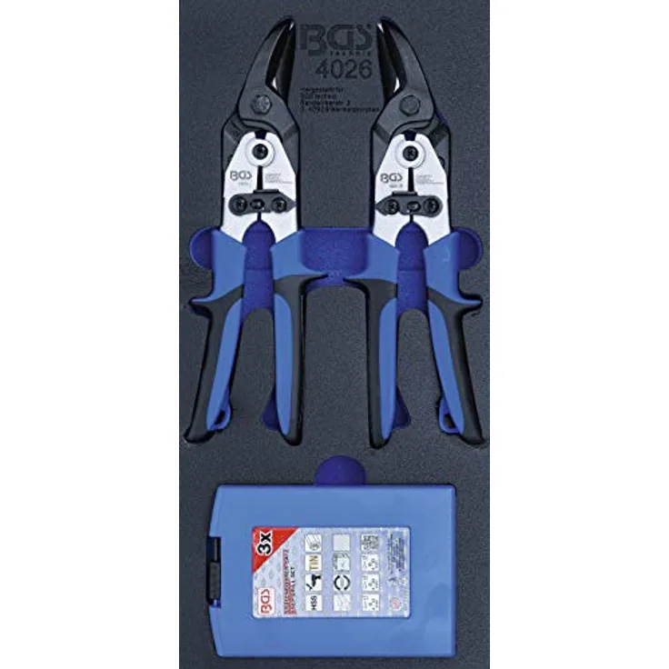 BGS TECHNIC Werkstattwageneinlage 1/3, 5-teiliges Set mit Blechscheren und titan-nitrierten HSS-Stufenbohrern, 260 mm Länge