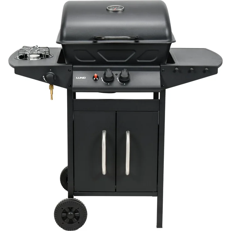 Lund Garten-Gasgrill 2+1 8Kw Seitenbrenner, Schwarzer Stahl mit Thermometer und Seitenbrenner