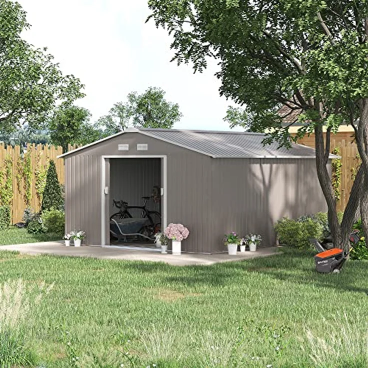 Outsunny Gerätehaus 12,4 m², Gartenhaus mit Pultdach, Schiebetür, Fundament, wetterfest, Hellgrau – Bild 2