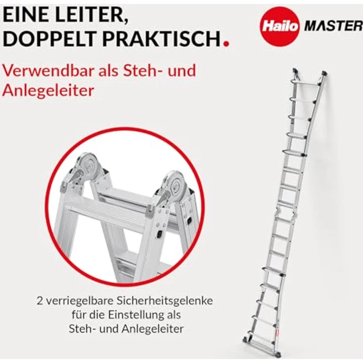 Hailo Master M100 Alu-Multifunktionsleiter, 4x5 Stufen bis 150 kg, Silber, vielseitig einsetzbar und ergonomische Stufen – Bild 4