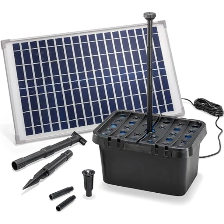 Esotec Solar Teichfilterset Starter 25/875, Komplettset mit Pumpe 875l/h, 2 Sprinkler-Aufsätzen, 25 Watt Solarmodul, für Gartenteich bis 3000l, DIY Wasserspiel – Bild 1