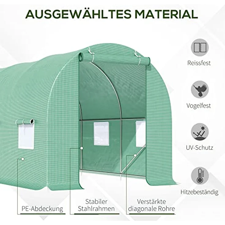 Outsunny Foliengewächshaus Tomatengewächshaus Treibhaus Folientunnel Frühbeet mit Fenster Grün 445 x 190 x 200 cm – Bild 4
