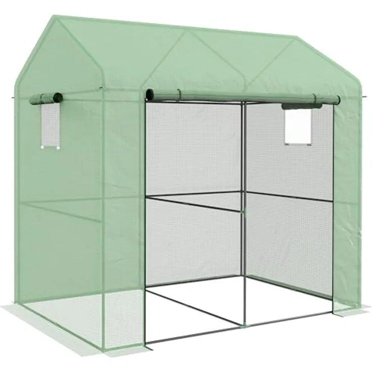 Outsunny Foliengewächshaus, Gewächshaus, Winddichtes Treibhaus mit Doppeltüren, Anlehngewächshaus mit Seitenfenster, UV-Schutz für Garten, PE, Grün, 200 x 140 x 200 cm
