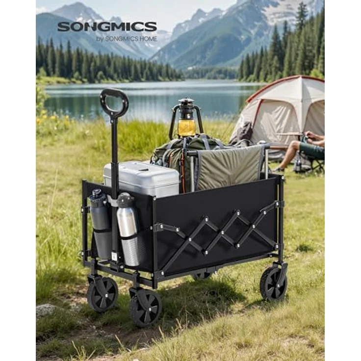 SONGMICS Kleiner Handwagen faltbar, Gartenwagen mit 4 verstärkten Rollen, 180 kg belastbar, 90 L, kompakt, tintenschwarz GFW909B01 – Bild 2