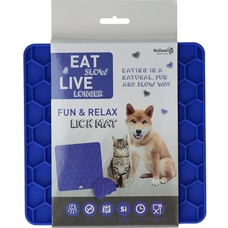 Eat Slow Live Longer Fun & Relax Leckmatte - Leckmatte für Hunde - Anti-Kau-Schale - Langsame Fütterung - Einfach überall zu platzieren - Leckteller für Haustiere - Blau - L23xB19xH1 cm