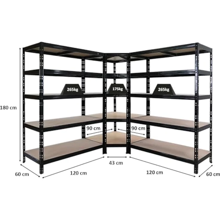 Proregal Eckregal Mega Deal Schwarz + 2x Schwerlastregal Tiger, H 180 cm, B 120 cm, T 60 cm, Traglast 175 kg pro Boden, 5 Böden, einfache Steckmontage – Bild 2