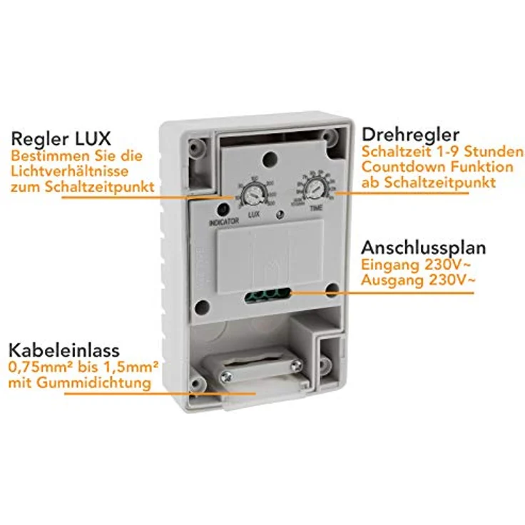 ChiliTec Dämmerungsschalter CDS-24, IP54, 10 A, 230 V~, einstellbare Schaltschwelle 3-500 Lux für Außenbereich – Bild 2