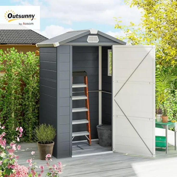 Outsunny Gerätehaus 1,1m², Geräteschuppen mit Satteldach, dunkelgrau, abschließbare Tür, Belüftungsöffnungen, inkl. Fundament, 133 x 102 x 208 cm – Bild 2