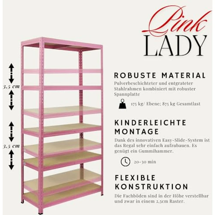 Proregal Schwerlastregal PINK LADY, 180 x 90 x 40 cm, Traglast 175 kg, 5 höhenverstellbare Böden, Rosa – Bild 4
