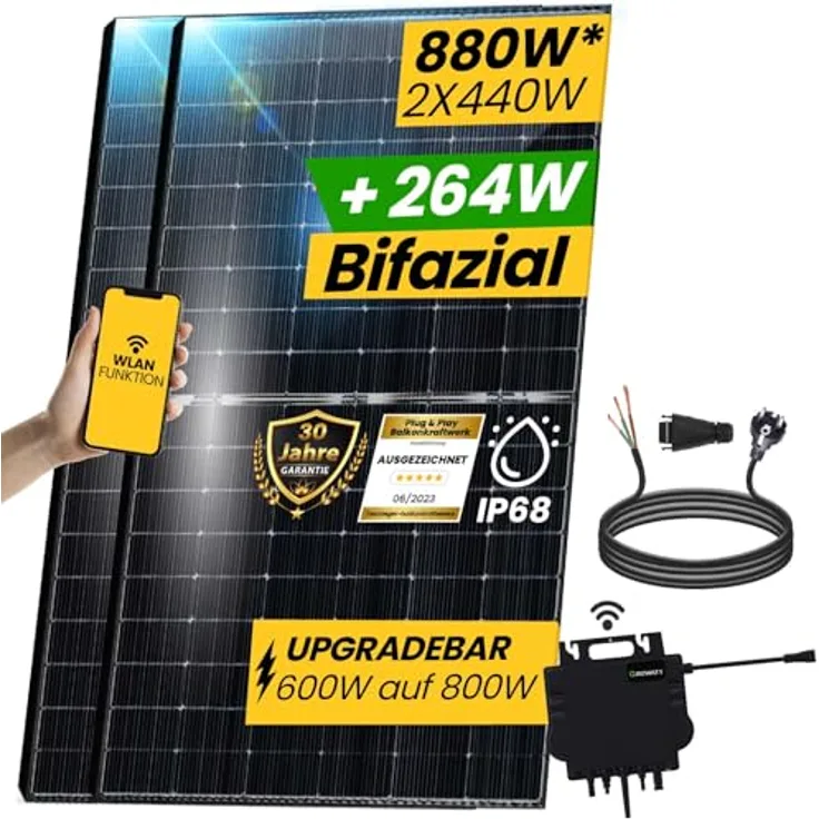 EPP.Solar® 880W Balkonkraftwerk 800W komplett Steckdose Bifaziale Glas/Glas Solarmodule - Upgradebarer Growatt NEO Wechselrichter 800W, 2x440W, Solaranlage Komplettset