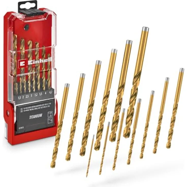 Einhell 13-tlg. HSS-G Titan Metallbohrer-Set, HSS 4341 Stahl, titaniumbeschichtet, 135°-Split-Point-Spitze, gefräste Typ N Spirale, Rundschaft, Aufbewahrungskassette mit Auto-Lock-Clip-Verschluss