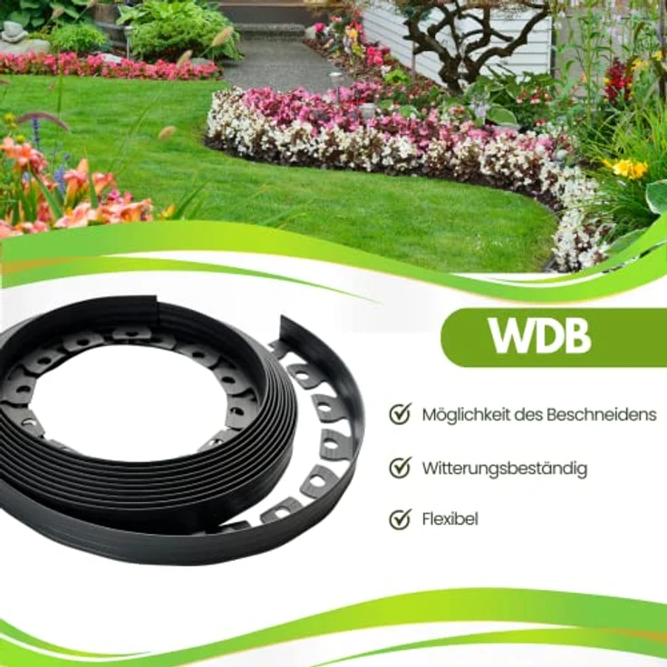 WDB Flexible Rasenkante, 10m lang, 4cm hoch, mit 20 Befestigungsnägeln, schwarz RAL 9005, elastisch und widerstandsfähig gegen Witterungseinflüsse – Bild 3