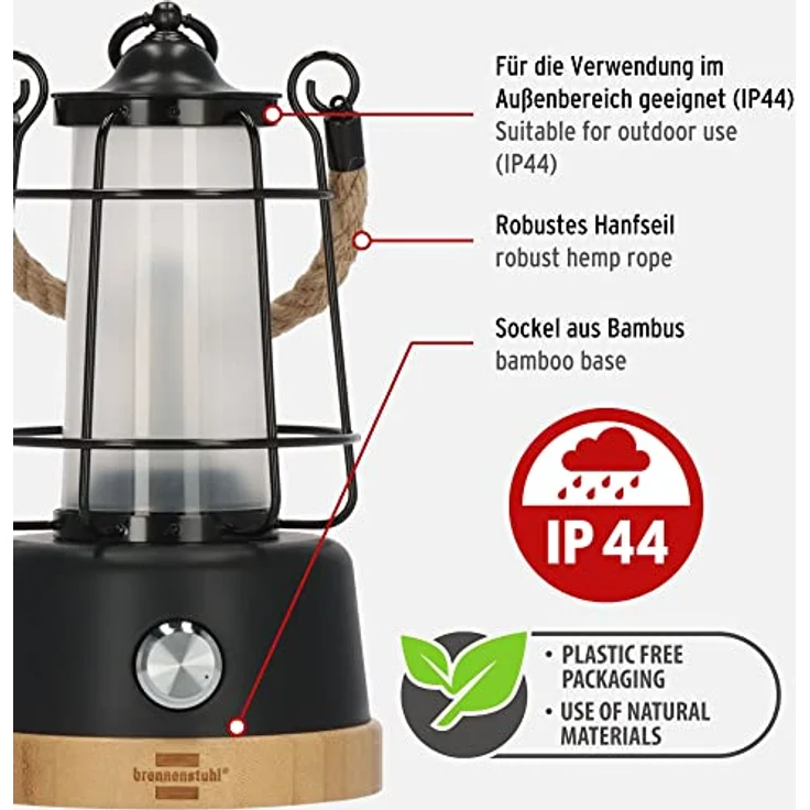 Brennenstuhl LED Akku Outdoor Lampe CAL 1 (350lm, IP44, bis zu 75h Leuchtdauer, stufenlos dimmbar, Farbtemperatur einstellbar, wiederaufladbare USB Campinglampe mit Hanfseil und Bambussockel) – Bild 2