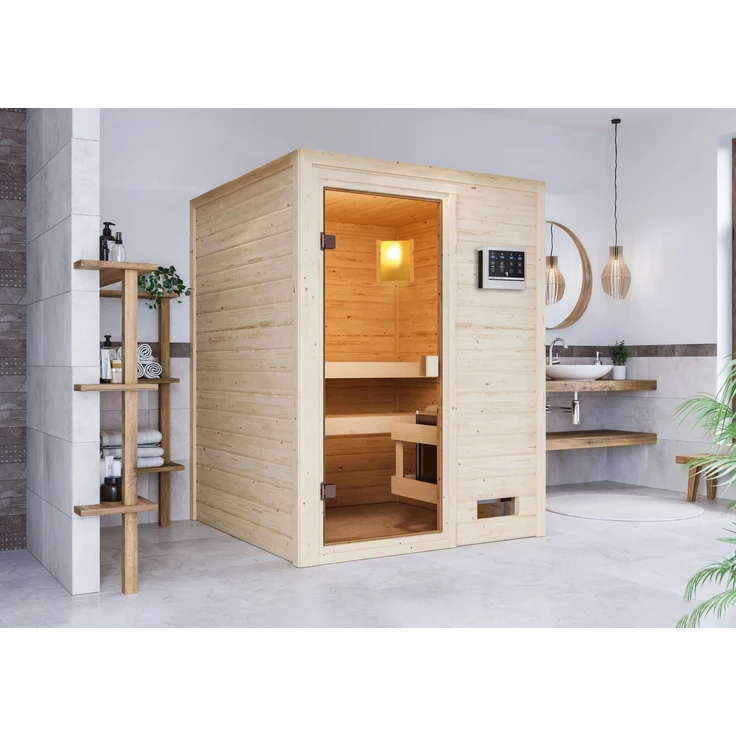 Karibu Innensauna Sandra, Fronteinstieg mit 9 kW Ofen und externer Steuerung, 145x145x187 cm ohne Dachkranz, Massivholz aus nordischer Fichte, inkl. bronzierter Ganzglastür und Saunaliegen aus Espenholz