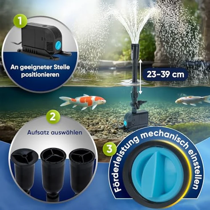TEICHER Teichpumpe FP-900, 20 W Springbrunnenpumpe mit 900l/h, inkl. 2-4 Aufsätze, Anti-Verstopfungsfilter und verstellbarem Fontänenrohr für Außenbereiche – Bild 3