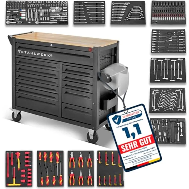 STAHLWERK Werkzeugwagen DINO, XXL Montagewagen mit 364 Werkzeugen aus CrV, inkl. T-Griff Schraubendreher, Schlüssel und Zangen