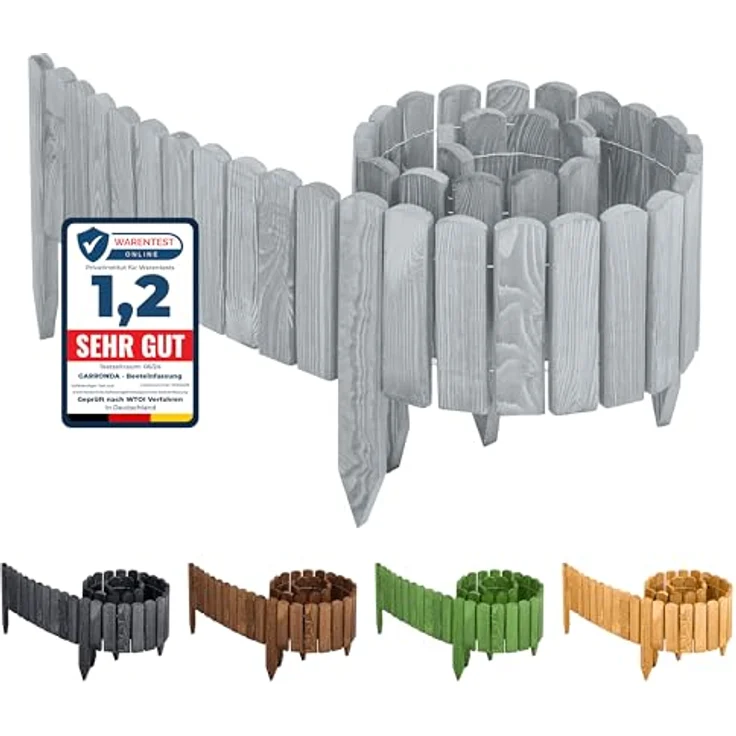 Garronda Beeteinfassung Holz Rollzaun Holzzaun 200 x 8 cm imprägniert Flexibler Rollborder Rasenkante Palisade Gartenzaun Umzäunung für Garten GD-0046 (Grau, Höhe: 8 cm) - Wetter- und schädlingsbeständiger Holzgartenzaun, flexible Formgestaltung – Bild 1