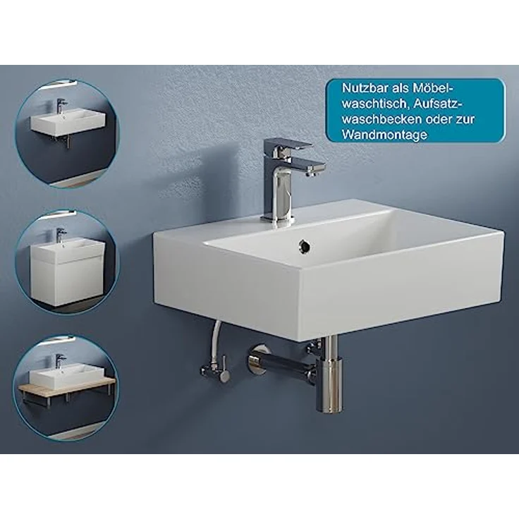 Aqua Bagno | Design Hängewaschbecken mit dünnem Rand, hochwertige Keramik, weiß, genormte Anschlüsse | 500 x 420 mm – Bild 2