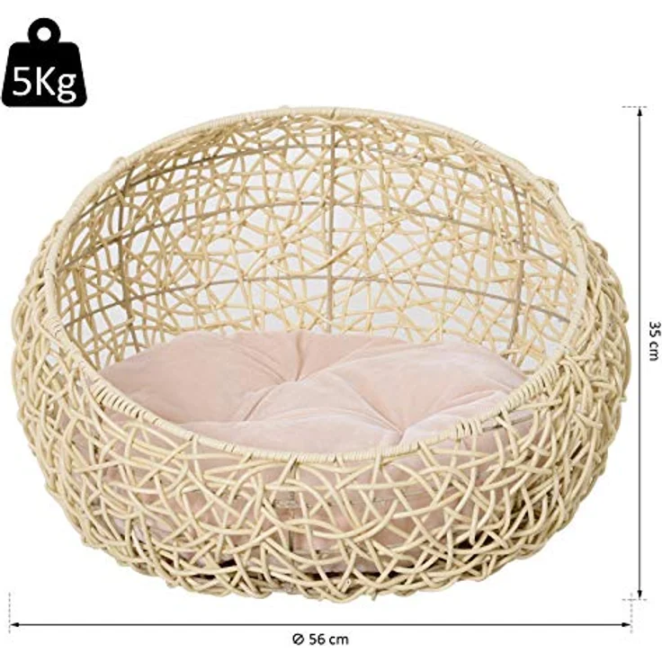 PawHut Katzenbett aus Rattan Katzenhöhle mit Kissen Katzenkorb Hundebett Katzenschlafplatz Hundehütte Tierbett für Katzen Hunde Beige Ø56 x 35 cm – Bild 3