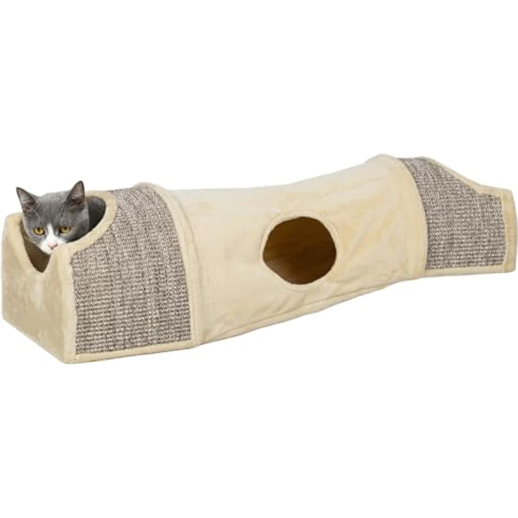 PawHut Katzentunnel Spieltunnel mit 2 Häuschen, 3 Öffnungen, Faltbar Tiertunnel für Katzen bis 6 kg, Indoor, Beige - Komfortabler Tierspielzeugtunnel für vielseitigen Spielspaß – Bild 1