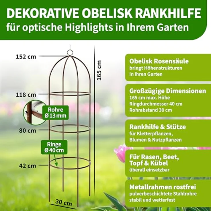 TTL Garden Obelisk Rankhilfe, 165 cm hoch, pulverbeschichteter Stahl, braun, für Kletterpflanzen wie Rosen und Tomaten, stabil und rostfrei – Bild 2