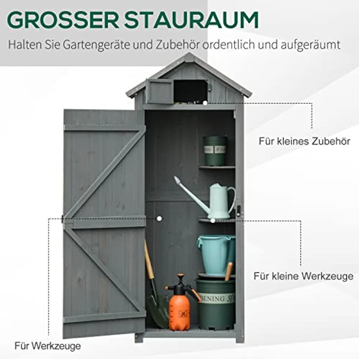 Outsunny Gartenschrank Gartenhaus Gerätehaus Geräteschuppen mit Fachböden Asphaltdach Fenster Holz Grau+Grün 77 x 54,2 x 179 cm – Bild 4