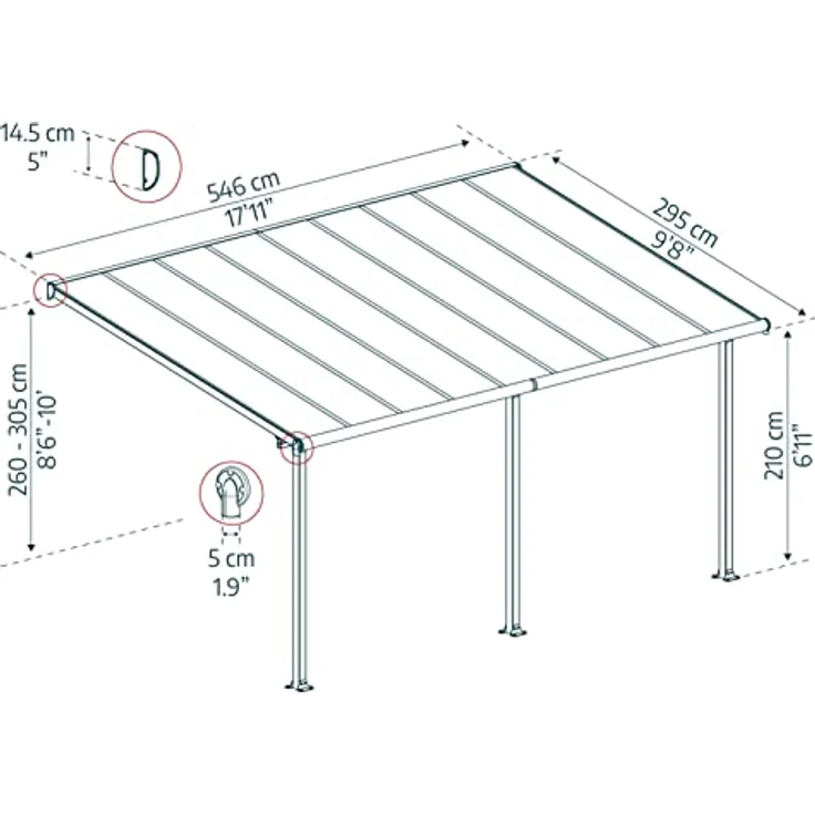 Palram Canopia Olympia Terrassenüberdachung 3X5 - Gestell aus Alumiuium & 16 mm Polycarbonat - Terrassendach Für den Ganzjährigen Gebrauch Geeignet, Grau, 546 x 295 x 305 cm, 546x295x305 cm – Bild 2