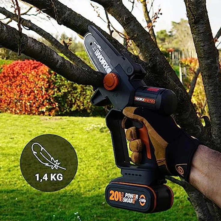WORX WG325E NITRO Profi Mini Kettensäge 20V - Einhand Kettensäge - leistungsstarke bürstenloser Motor - 12cm Schwertlänge - leicht & kompakt - automatische Kettenschmierung -inkl. 2Ah Akku & Ladegerät – Bild 4