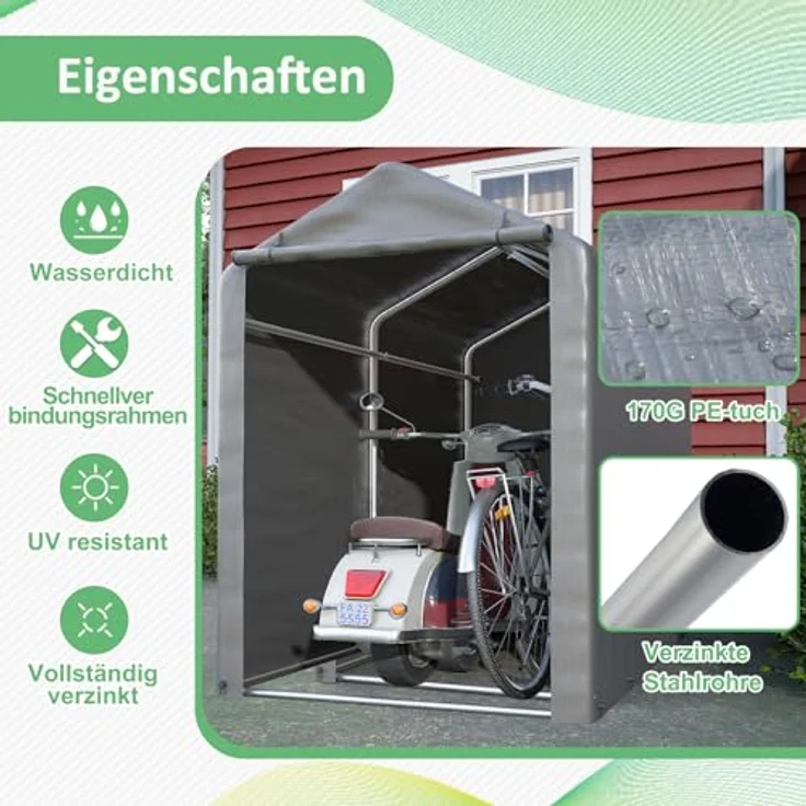 Thanaddo Fahrradgarage 100x187x160cm, robuster Carport mit verzinktem Stahlrahmen, dunkelgrau – Bild 4
